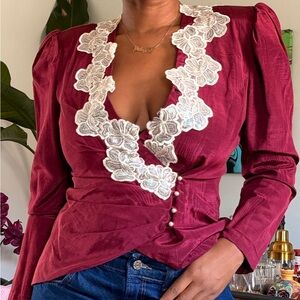 SOLD‼️Elegant Burgundy Wrap Blouse with Floral Lace